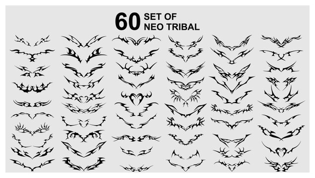 Vector set Neo tribal shape. Gothic Y2K sharp elements, abstract symmetrical design, various decorative elements. Acid Neo-tribal shapes. Tattoo. Neo Gothic. Organic fluid shapes. Brutality futuristic