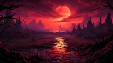 Enigmatic Red Moonrise in a Mystical Purple Landscape