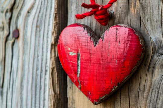 A vibrant carmine heart stands out against the rustic wooden surface, capturing the essence of love and romance on a beautiful outdoor valentine's day