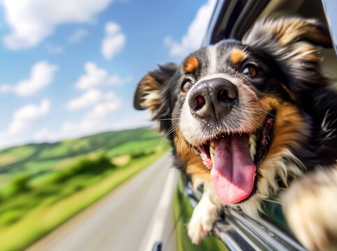 Amidst the vast expanse of blue sky and fluffy clouds, a proud canine of the mammal family gazes out the car window, eagerly taking in the outdoor scenery of grassy fields