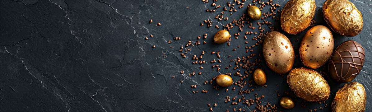 Osterdekoration mit edlen, goldenen Eiern auf dunklem Schieferhintergrund