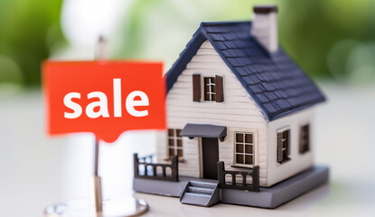 Model House figure and for sale price tag or sign on white background. Real estate property sales, space for text	