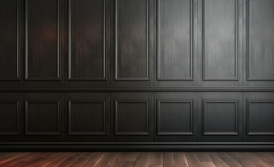 Empty black dark brown wall mock up, with panels. Victorian style background
