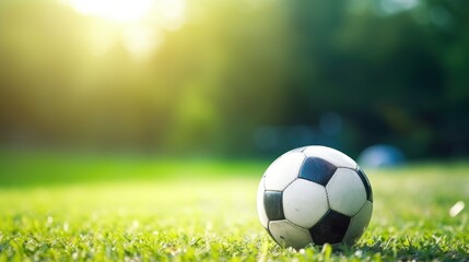 Fototapeta na wymiar Soccer ball on the green grass field with bokeh background Generative AI