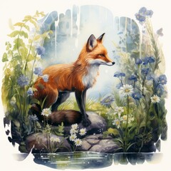 Fox Standing on Mossy Bed Next to Stream Surrounded by Blue Wildflowers AI Generated