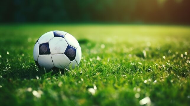 Soccer ball on green grass. Soccer ball on the field. Generative AI