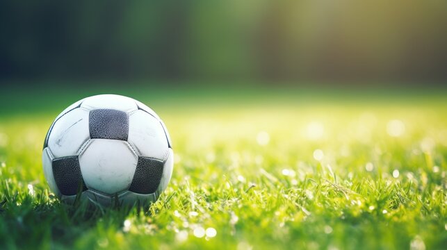 Soccer ball on green grass with bokeh background, vintage tone Generative AI
