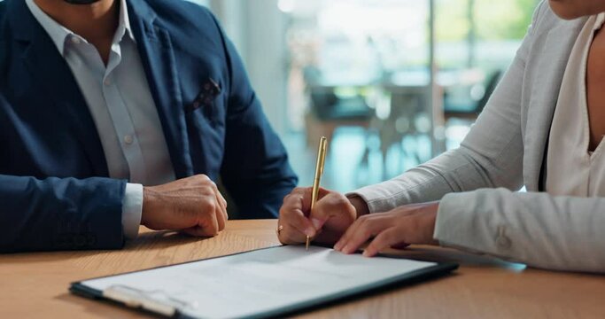 Business hands, clients and documents signature for legal contract, agreement and office consultation. Notary, advisor or people writing on paper for funding, terms and conditions or life insurance