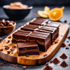 chocolate tablets sliced on a wooden Board and more chocolate on the background