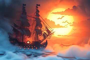 Fototapeta premium A haunted pirate ship sailing on a mysterious and foggy sea Ghostly ship