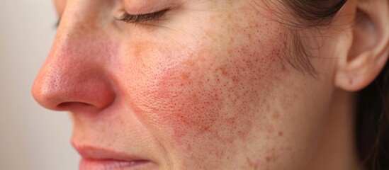 After successful rosacea treatment on a Caucasian woman's face, laser surgery removes redness and visible blood vessels. - obrazy, fototapety, plakaty
