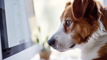A curious white and brown dog of a certain breed stares intently at the flickering light of an indoor computer screen, as if searching for answers in a digital world beyond its own