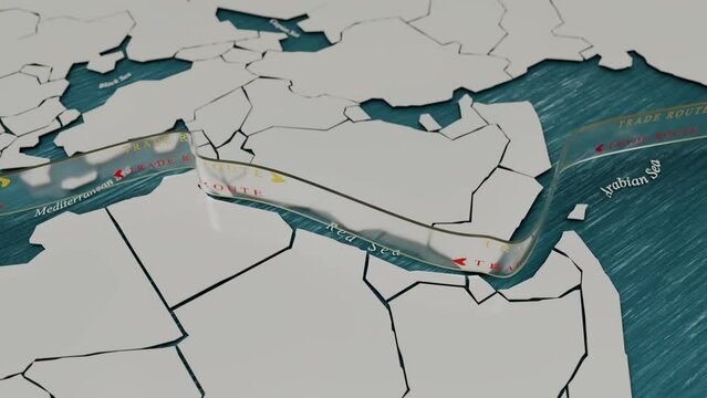 International trade route through busy Suez Canal.