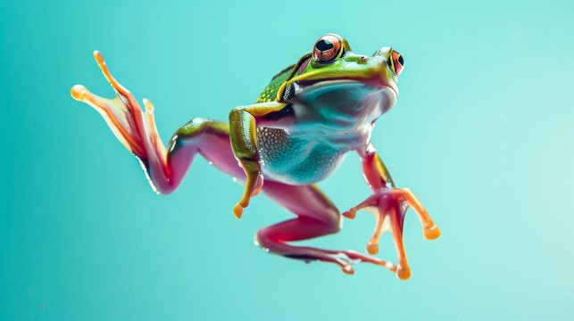 A lively amphibian, the true frog, springs through the air with grace and agility, showcasing the vibrant green hues of its natural beauty