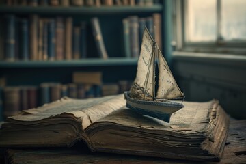 Sailboat Resting on Top of a Book - obrazy, fototapety, plakaty