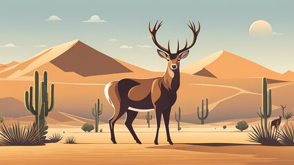 Fototapeta na wymiar Abstract background of deer with desert background. Fantasy landscape graphic illustration. Template for your design works ready to use.
