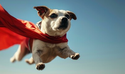 A courageous dog dons a cape and takes flight through the sky. Generative AI.