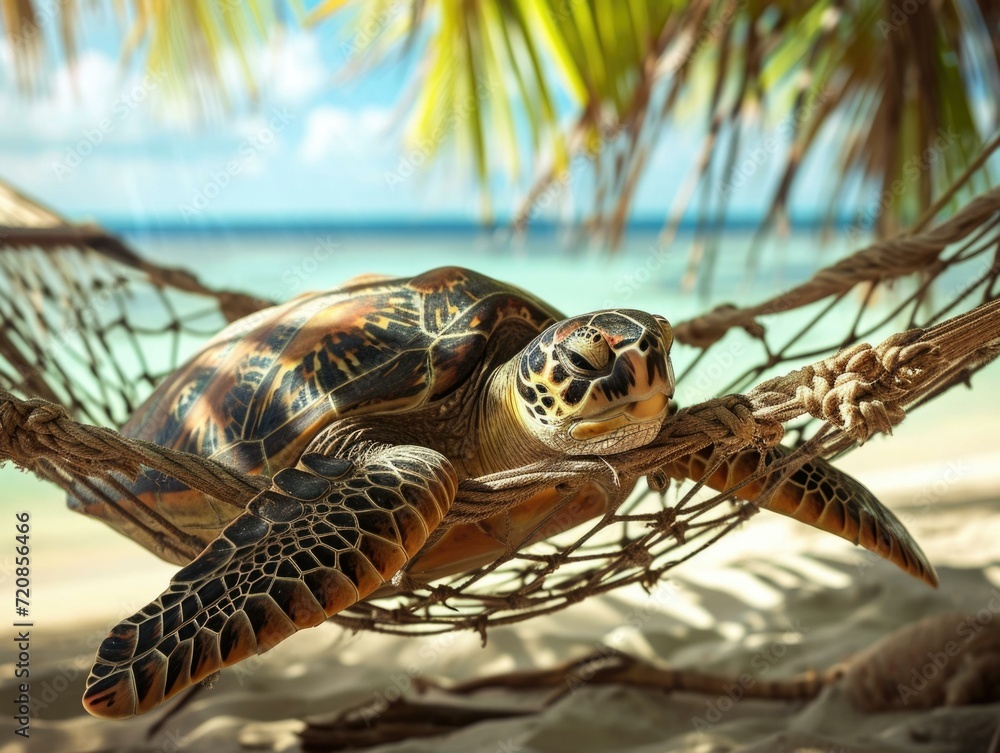 Poster a turtle is sitting in a hammock on the beach. generative ai.