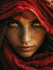 A defiant young Middle Eastern woman with fiery red hair and piercing yellow eyes, exuding strength and resilience. Generative AI.