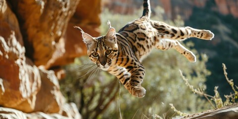 A playful wild cat leaps over a rugged rock in the untamed wilderness. Generative AI.