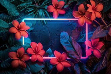 Neon Frame Surrounded by Tropical Leaves and Flowers
