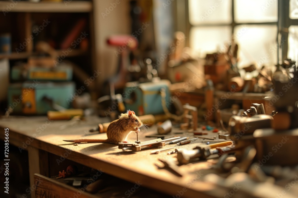Poster a curious hamster explores a miniature workshop scene with toy woodworking tools on a table. generat