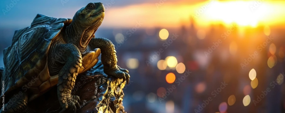 Poster a turtle sitting on top of a rock with the sun setting in the background. generative ai.