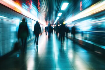 Group of People Walking Down a Brightly Lit Hallway