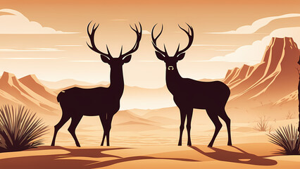 Abstract background of deer with desert background. Fantasy landscape graphic illustration. Template for your design works ready to use.