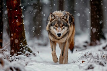 A majestic red wolf braves the freezing winter, standing tall in a snowy forest as a symbol of wild beauty and strength