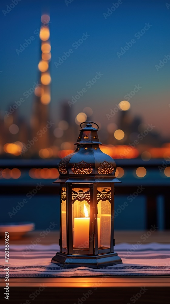 Poster Eid Mubarak Ramadan Kareem - islamic muslim holiday background with eid lantern or lamp Generative Ai