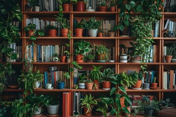 Fototapeta na wymiar Vibrant Bookshelf Filled With Abundant Green Plants