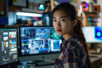 Woman Standing in Front of Computer Monitor