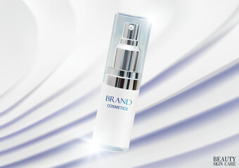 Cosmetic product on blue and white wave background . hydrating moisturizer banner ad.Illustration of a cosmetic . Product presentation, mock up, show cosmetic product . Vector illustration