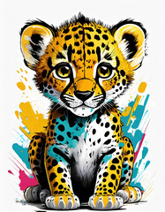 A graphic illustration of a colourful Cheetah on a white background