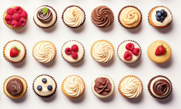 Top view of the assortment of many different cupcakes with colorful frosting and berries on white table background. Bakery concept