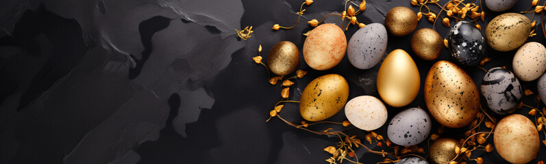 Naklejka na ściany i meble Osterdekoration mit edlen, goldenen Eiern auf dunklem Schieferhintergrund
