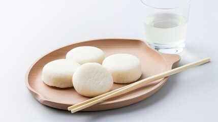 Fototapeta na wymiar Japanese rice cake on wooden plate with glass of milk on white background Generative AI