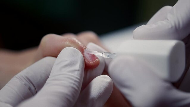 Master applies transparent lacquer on customer nail with small brush in cosmetology salon closeup. Beautician covers woman fingernail with protective product in beauty shop. Manicurist serves client