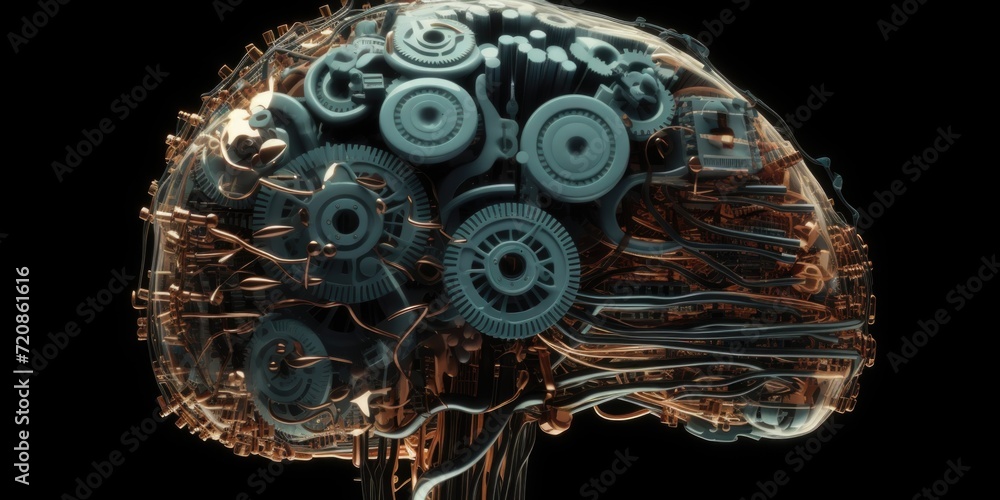 Poster brain in the form of gears and wires. ai generative.