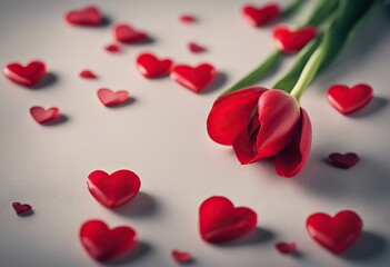 Fototapeta na wymiar Valentines Day tulips background hearts red