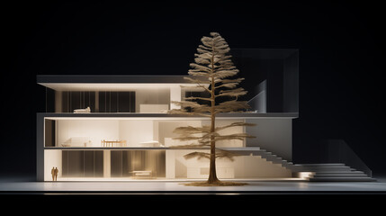 Illustration of a modern house with tree on black background. Art house, unusual house look. Modern design.