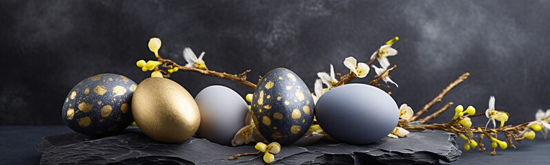 Osterdekoration mit edlen, goldenen Eiern auf dunklem Schieferhintergrund