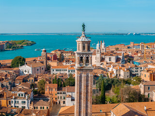 Aerial View of Venice near Saint Mark's Square, Rialto bridge and narrow canals. Beautiful Venice from above.