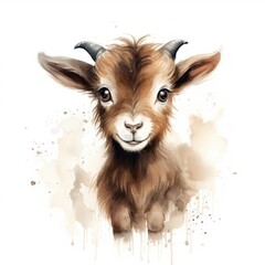 Portrait of a goat with horns on a white background. Digital painting. Generative AI