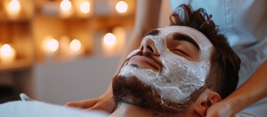 Pampering experience with skincare and relaxation for a satisfied man at a luxury salon, having a couple's beauty treatment and facial using skincare products.