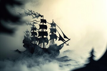Obraz premium A haunted pirate ship sailing on a mysterious and foggy sea Ghostly ship