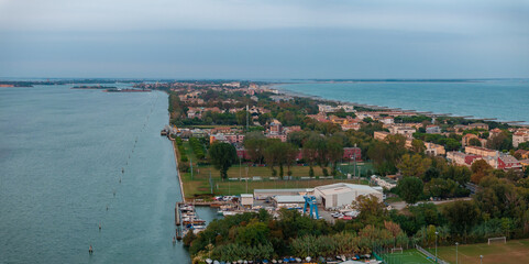 Aerial view of the Lido de Venezia island in Venice, Italy. The island between Venice and Adriatic...