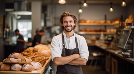 Portrait of a smiling male bakery worker standing with arms crossed in a bakery Generative AI