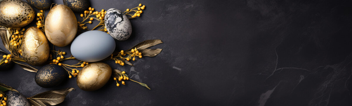 Osterdekoration mit edlen, goldenen Eiern auf dunklem Schieferhintergrund